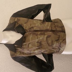 Camouflage and faux leather jacket